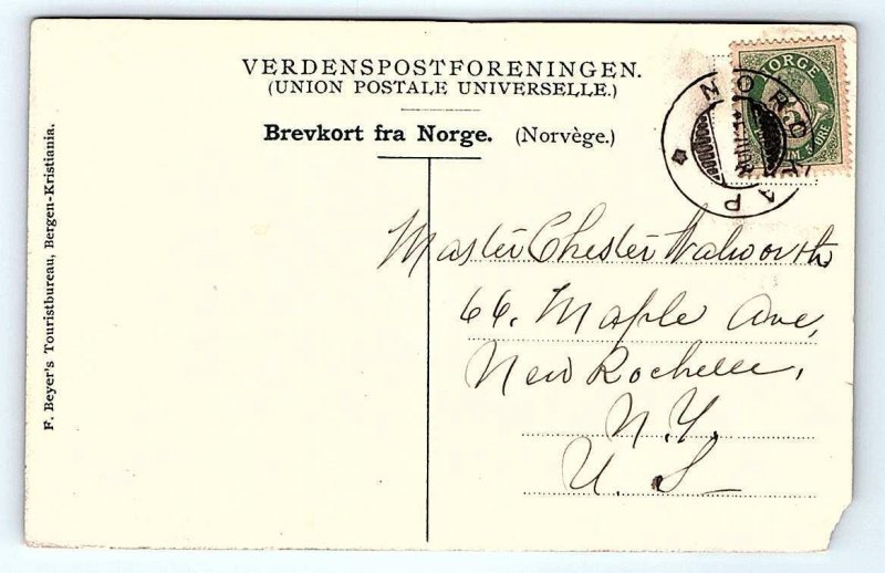 MEROK, Norway ~ View of VILLAGE & FJORD, SHIP  c1910s  Postcard