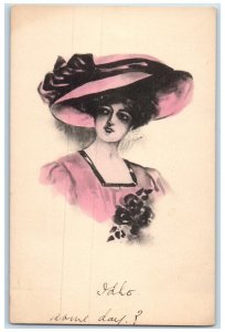 c1910's Pretty Woman Widow Hat Hand Painted Chicago Illinois IL Antique Postcard