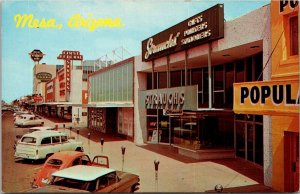 Business on Main Street, Mesa AZ Strauch's, Thom McAn, Banks Vtg Postcard Q66