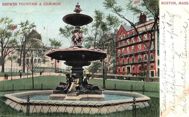 Vintage Postcard 1905 Brewer Fountain Statue & Common Boston Massachusetts MA