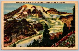 Vtg Mount Rainier Washington WA Where Flowers & Glaciers Meet 1930s Postcard