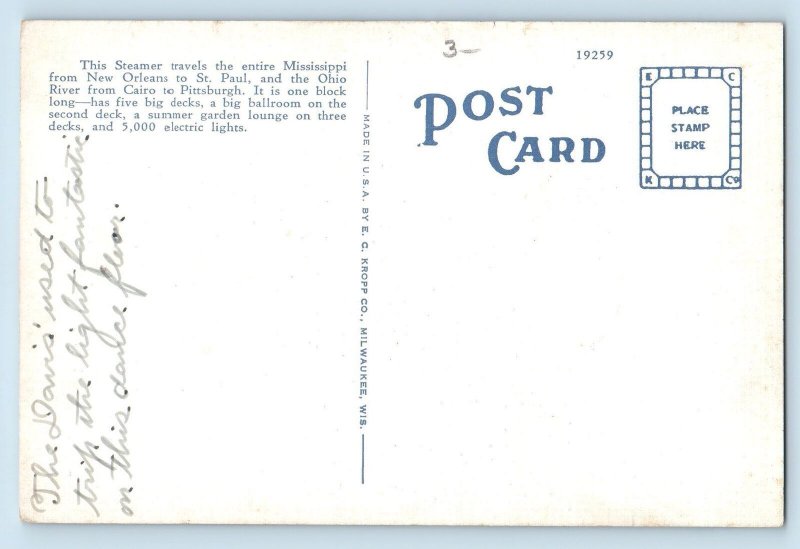 c1910's Excursion Steamer JS Deluxe Travels Entire Mississippi Vessel Postcard