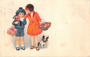 Lot268 boy and girl with flower and ghift greetings dog france