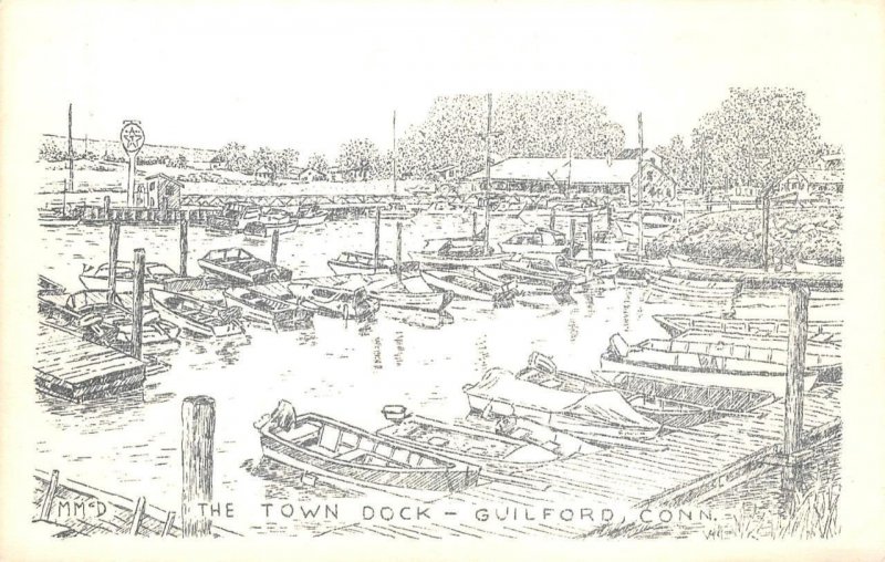 Town Dock GUILFORD Connecticut New Haven County Artist-Signed Vintage Postcard