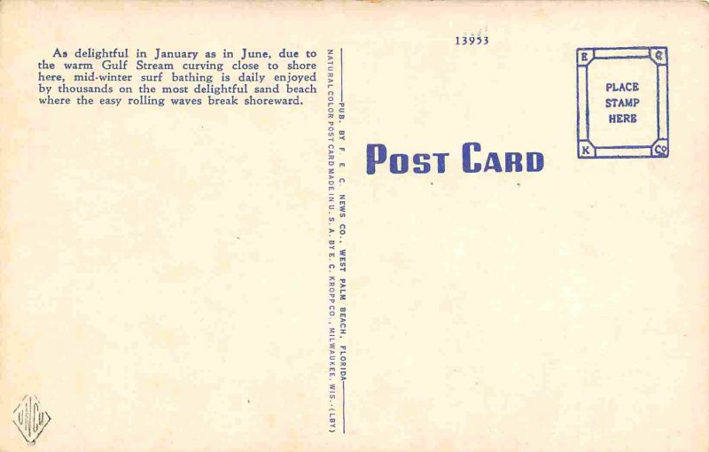 Beach Scene Palm Beach Florida 1940s linen postcard