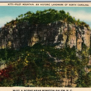 c1940s Scene Near Winston Salem, NC Pilot Mountain Landmark Asheville Linen A207