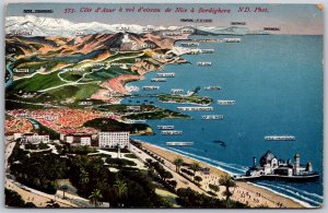 Vtg France Cote d'Azur as the crow flies from Nice to Bordighera 1910s Postcard