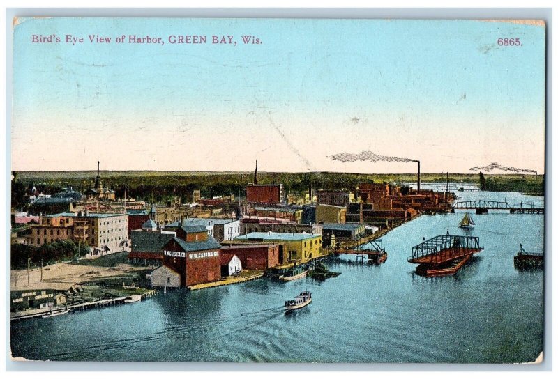 Green Bay Wisconsin WI Postcard Bird's Eye View Of Harbor Boats 1909 Antique