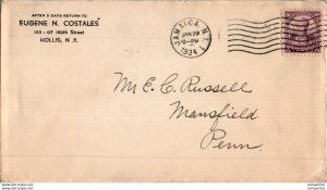 US Cover 3c 1934 Jamaica NY Hollis  for Mansfield Tioga Penn