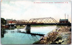 VINTAGE POSTCARD THE ST. FRANCIS RIVER AND BRIDGE SHERBROOKE QUEBEC CANADA 1907