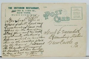 NY The Criterion Restaurant 149th St Interior View c1918 Rare Htf Postcard M6