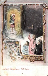 Christmas Fantasy Children Wave to Woman in Starlight c1910 Odd Postcard