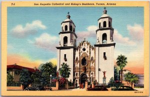 VINTAGE POSTCARD SAN AUGUSTIN CATHEDRAL & BISHOP'S RESIDENCE AT TUSCON ARIZONA