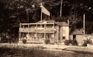 RPPC  Patriotic  Lake Beach House American Flag Real Photo Postcard  c1918