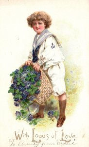Vintage Postcard With Loads Of Love Boy Holding Basket With Full Of Flowers