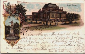 Germany Gruss aus Wiesbaden Neues Theater Litho Postcard C066