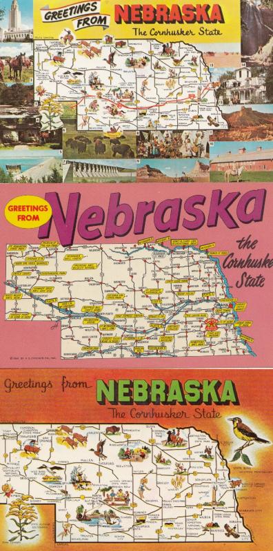 Greetings From Nebraska 3x Map Postcard s