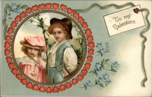 Valentine Cute Little Boy and Girl Heart Border c1910 Vintage Postcard