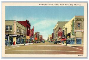 Green Bay Wisconsin WI Postcard Washington Street Looking South c1940's Vintage