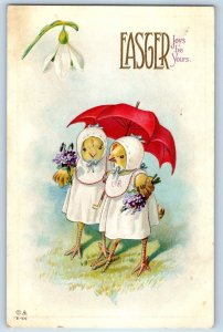 c1910's Easter Anthropomorphic Chicks With Flowers Umbrella Embossed Postcard