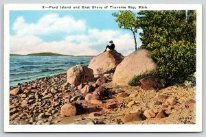 Traverse City Michigan~Ford Island~Fellow on Rock on East Shore Bay~1920s PC 