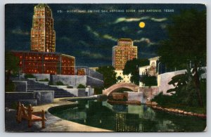 San Antonio Texas~Air View San Antonio River At Night~Vintage Linen Postcard