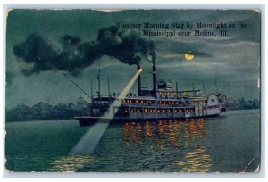 1915 Steamer Morning Star Moonlight On The Mississippi Near Moline IL Postcard