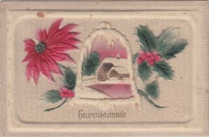 Very embossed Christmas scenic fantasy bell & flowers 1914 greetings postcard