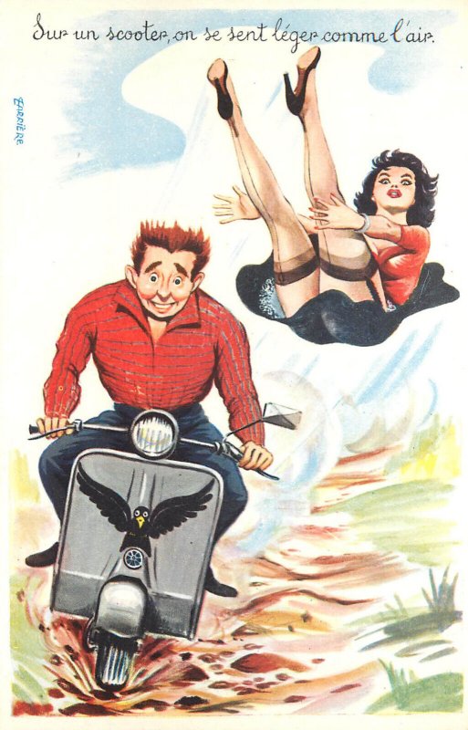 Risque Humor Postcard Woman in Garters Bumped Off Moped Scooter Lighter Than Air