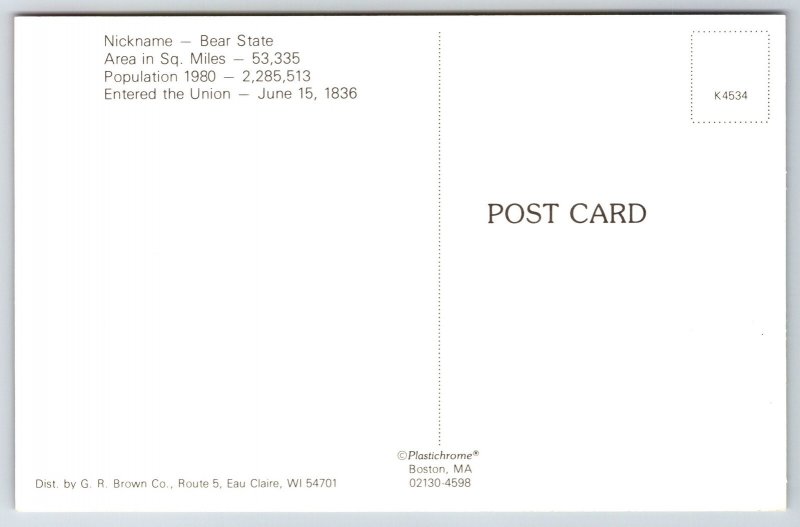 Arkansas State Map~Jonesboro~Monticello~Camden~Ducks~Coal~Cotton~1980 Postcard