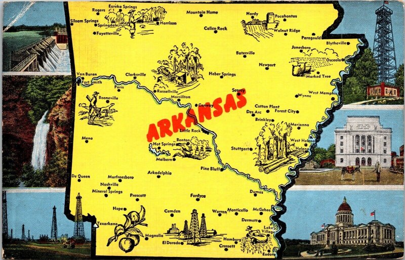 Arkansas State Map Multi View Dam State Capitol Building DB Cancel WOB Postcard 