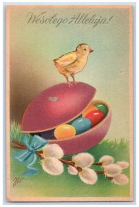 c1910's Happy Easter Chick Eggs Pipe Berry Poland Posted Antique Postcard