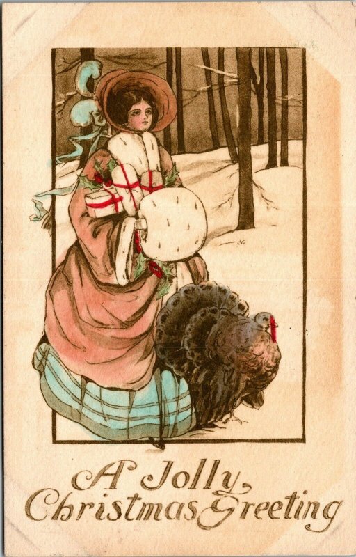 Vtg Christmas Greeting Victorian Lady in Dress Winter Scene Turkey 1910 Postcard