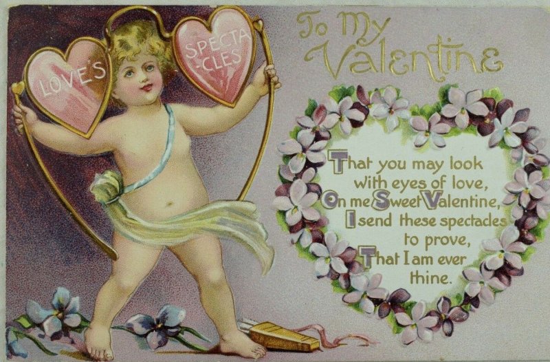 C.1910  Valentine, Heart Shaped Eye Glasses, Vintage Postcard P96