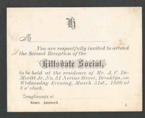 DATED 1880 BKLYN NY HILLSDALE SOCIAL CLUB INVITATION, PREVIOUSLY MOUNTED