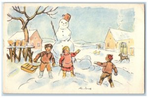 c1910's Christmas Children Snowman Ducks Dog Czech Republic Antique Postcard