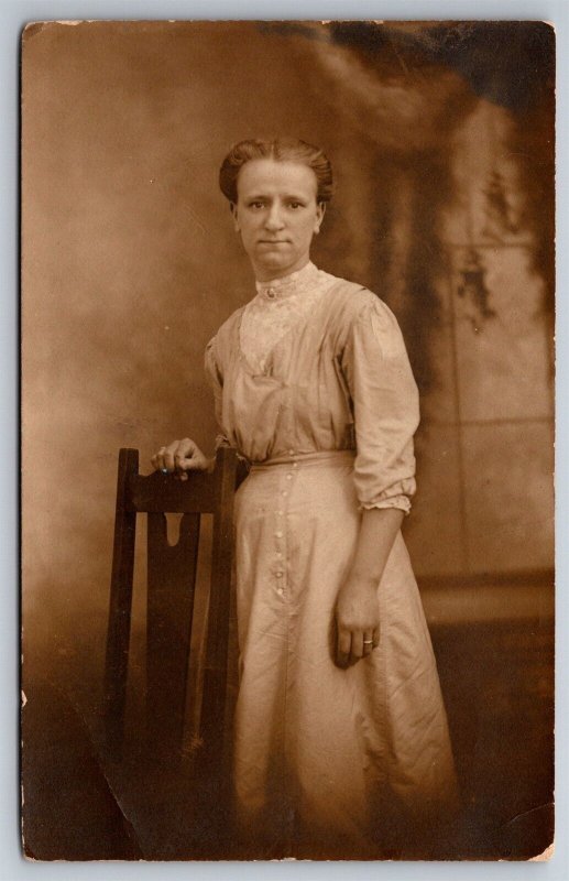 RPPC C1904 Beautiful Victorian Lady Standing Bell Photo Trenton NJ Postcard G7