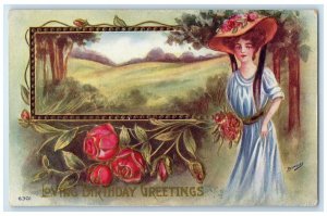 c1910's Birthday Greetings Pretty Woman Roses Flowers Reynolds Embossed Postcard