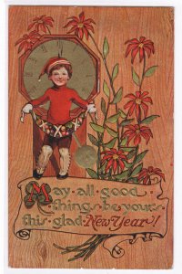 New Year Child at Clock 1910 postcard