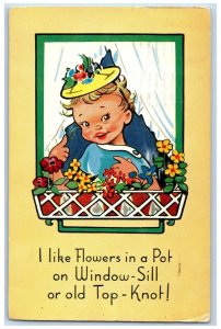 Little Girl Flowers In A Pot On Top Of Head Window Felixstowe Suffolk Postcard