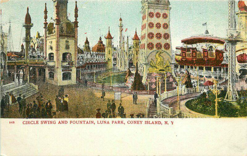 C-1905 Coney Island New York Circle Swing Luna Park Postcard Fountain 3271 