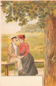 Love Romance Couple Hugging on Bench in Forest Art vintage postcard C327
