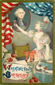 c1910 Embossed Postcard; Party Girl Drinks to George Washington's Birthday