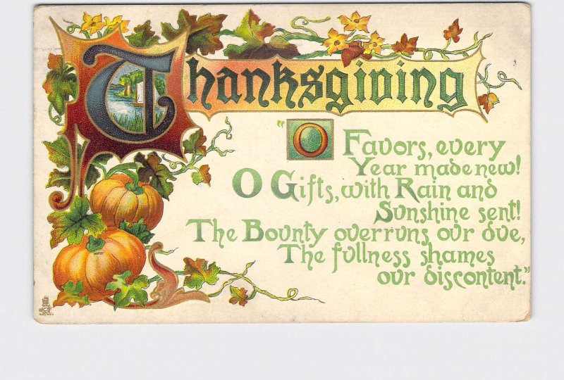 PPC POSTCARD THANKSGIVING POEM PUMPKINS LEAVES TUCK & SONS 