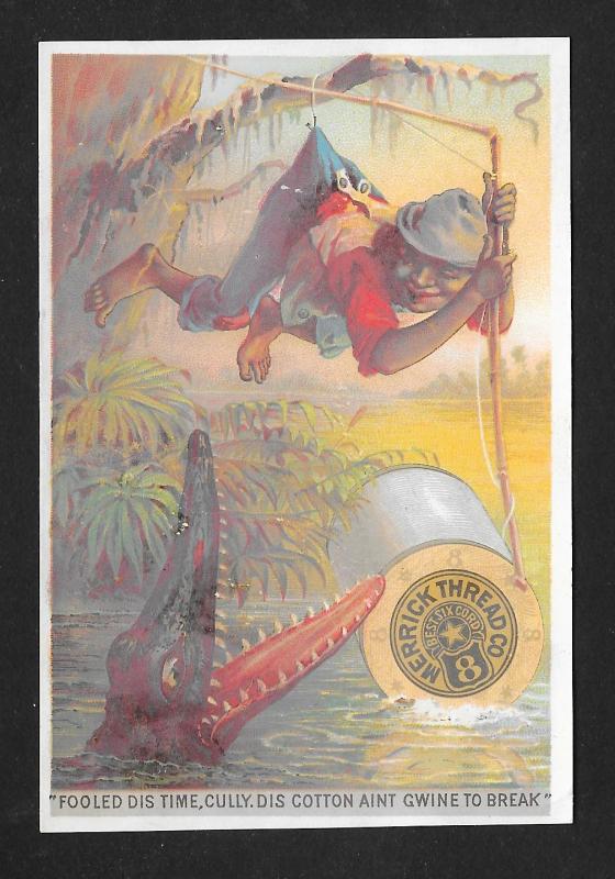 VICTORIAN TRADE CARD Merrick Thread Black Boy & Alligator