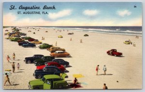St Augustine Florida~Ocean Beach Panorama View~Automobiles~1940s Linen Postcard