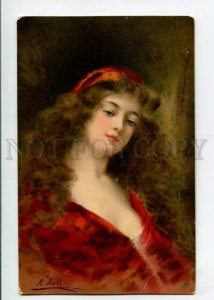 3104584 Lady w/ LONG HAIR in Red by Angelo ASTI vintage RPPC