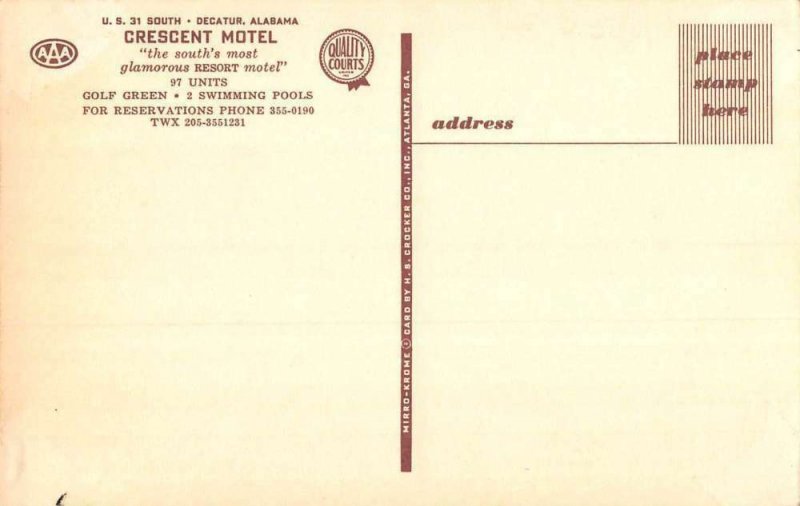 Decatur Alabama Crescent Motel Exterior Vintage Postcard KK1231