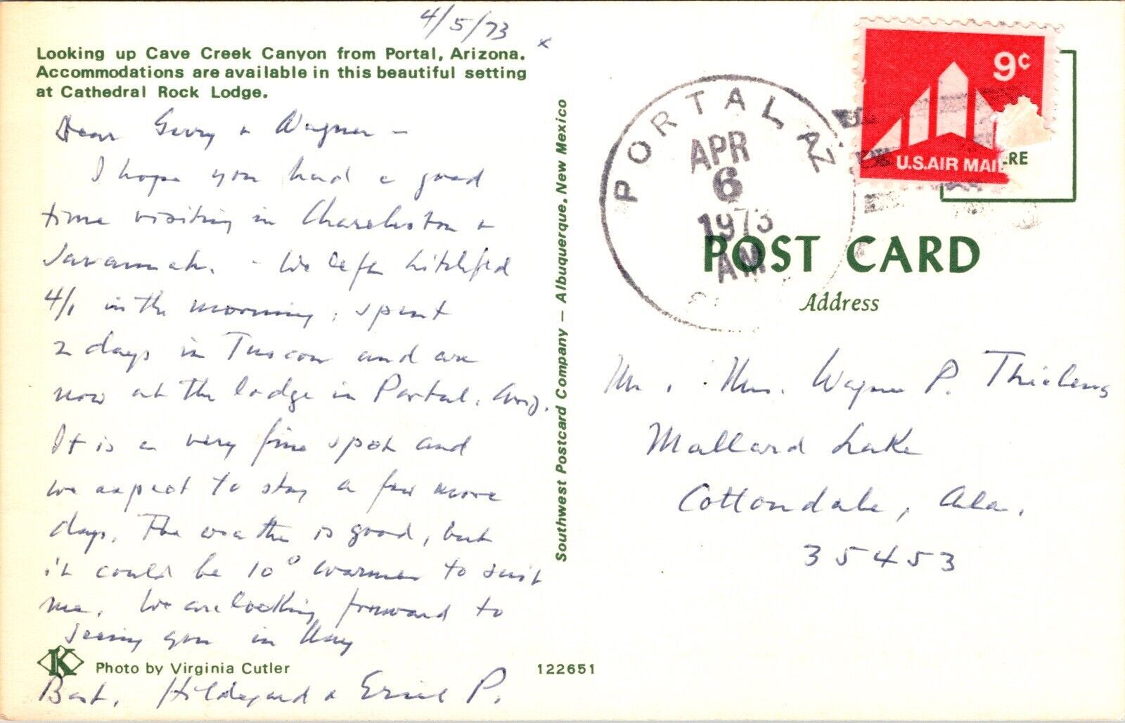 Cave Creek Canyon Portal Arizona AZ Postcard 1973 Canceled WOB Note 9c ...