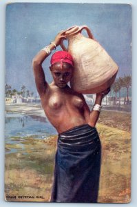 c1910's Nude Young Egyptian Girl With Jar Egypt The Sphinx Oilette Tuck Postcard